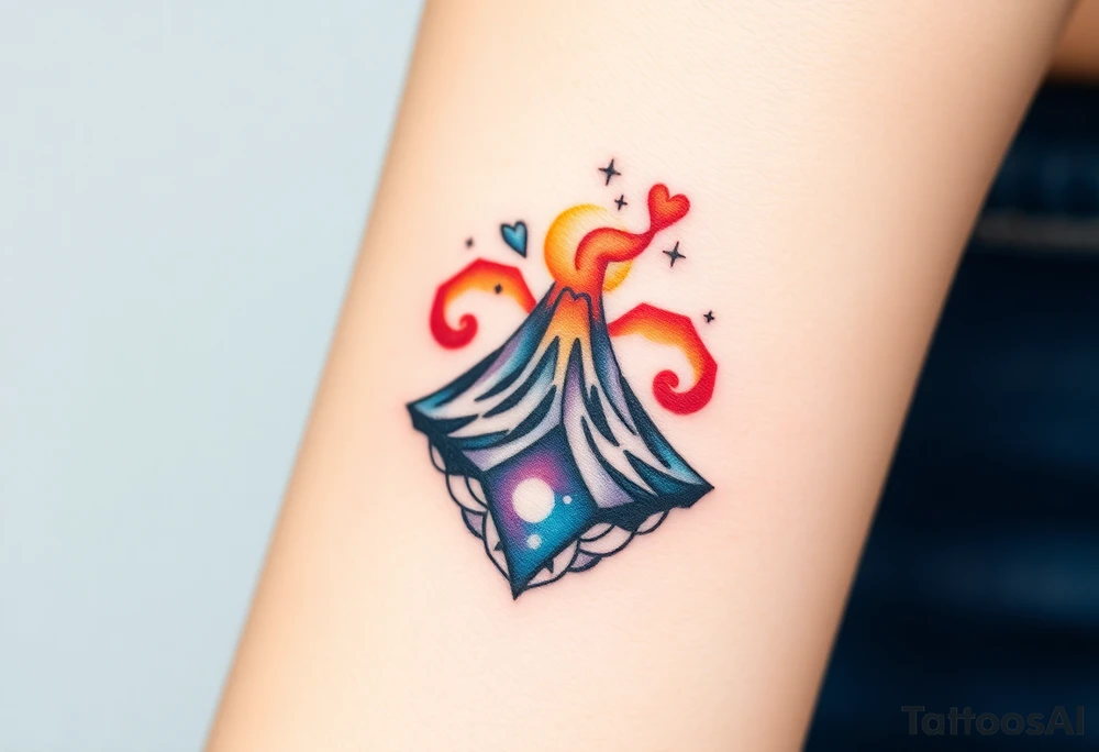 Geometric Volcano surrounded by a heart tattoo idea