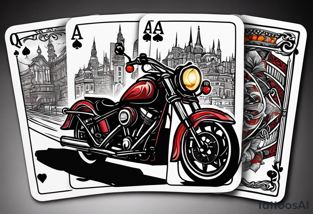 playing cards over a city with a motorcycle on the road tattoo idea