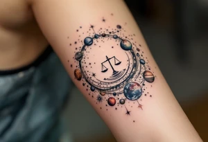 A celestial spiral made of stars and planets, with a glowing scale at the center, symbolizing cosmic justice and karmic cycles. tattoo idea