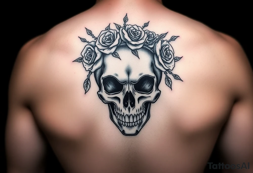 ornate skull adorned with crown of wild roses and thorns tattoo idea