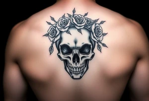 ornate skull adorned with crown of wild roses and thorns tattoo idea