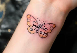 Sophie 08 10. 2020 – Soft peach and coral tones around Sophia's birthdate, adorned with butterfly wings and small gold sparkles. tattoo idea