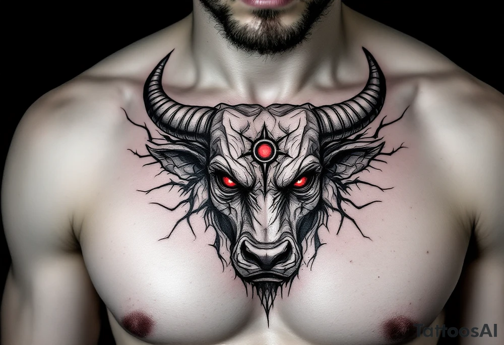 Abstract looking angry taurus lower chest tattoo with red eyes, taurus symbol in between eyes, tattoo idea