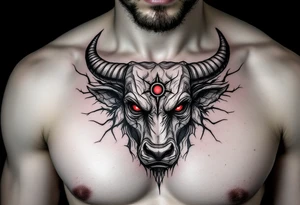 Abstract looking angry taurus lower chest tattoo with red eyes, taurus symbol in between eyes, tattoo idea