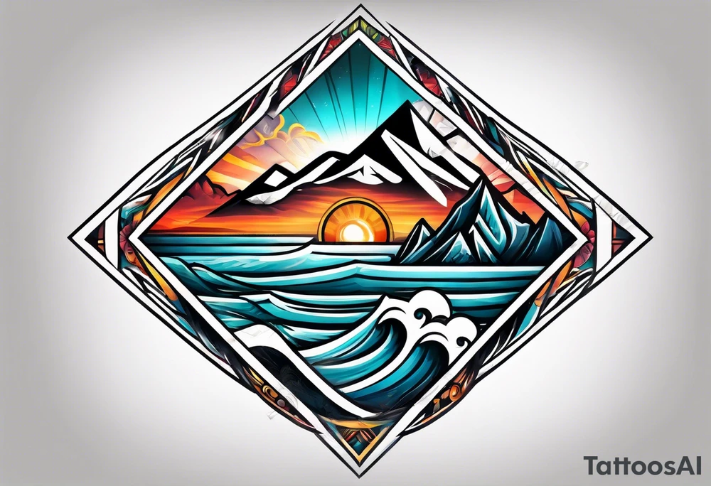 Mountains and ocean waves  crashing diamond shape tattoo idea
