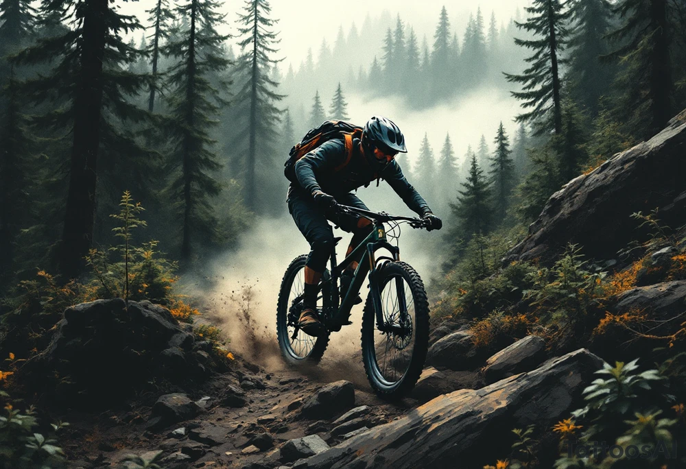 A mountain biker riding through a dense forest, with deep greens, browns, and misty gray tones for a rugged adventure feel. tattoo idea