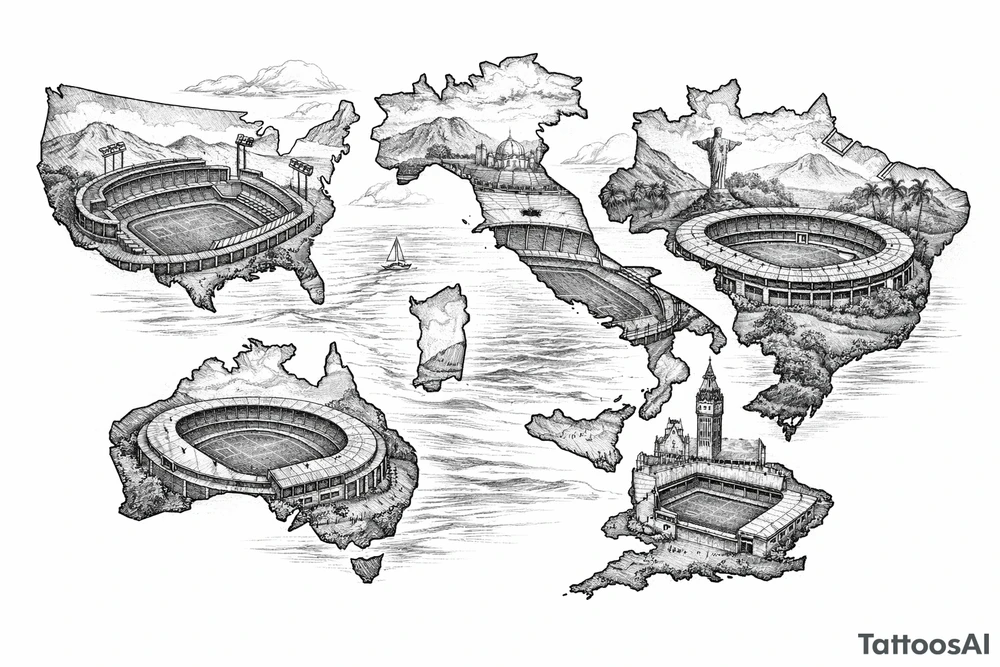 Surreal fine line landscape merging football stadiums with country outlines tattoo idea
