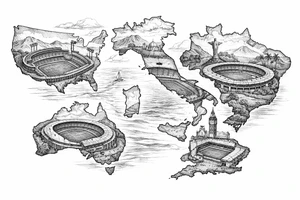 Surreal fine line landscape merging football stadiums with country outlines tattoo idea