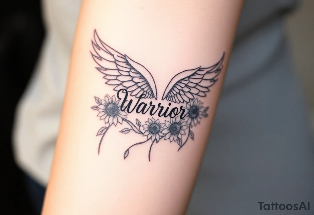 angel wing with word "Warrior" surrounded with sunflowers tattoo idea