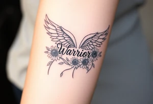 angel wing with word "Warrior" surrounded with sunflowers tattoo idea