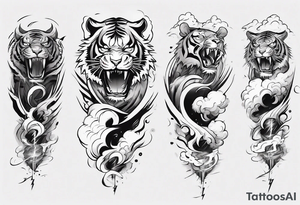 A thundergod tiger forearm sleeve tattoo, with lightning and clouds filling the area tattoo idea