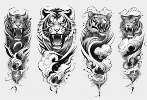A thundergod tiger forearm sleeve tattoo, with lightning and clouds filling the area tattoo idea