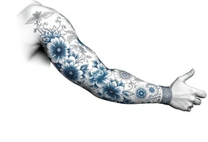 porcelain blue style with ornate and floral decor with a detailed banded border at the wrist and elbow. add animal decor also tattoo idea