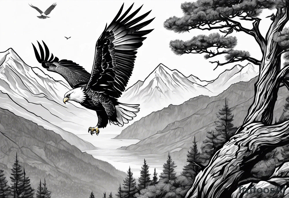 Eagle Attacking a White Dove on a tree limb in the mountains tattoo idea