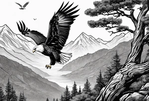 Eagle Attacking a White Dove on a tree limb in the mountains tattoo idea