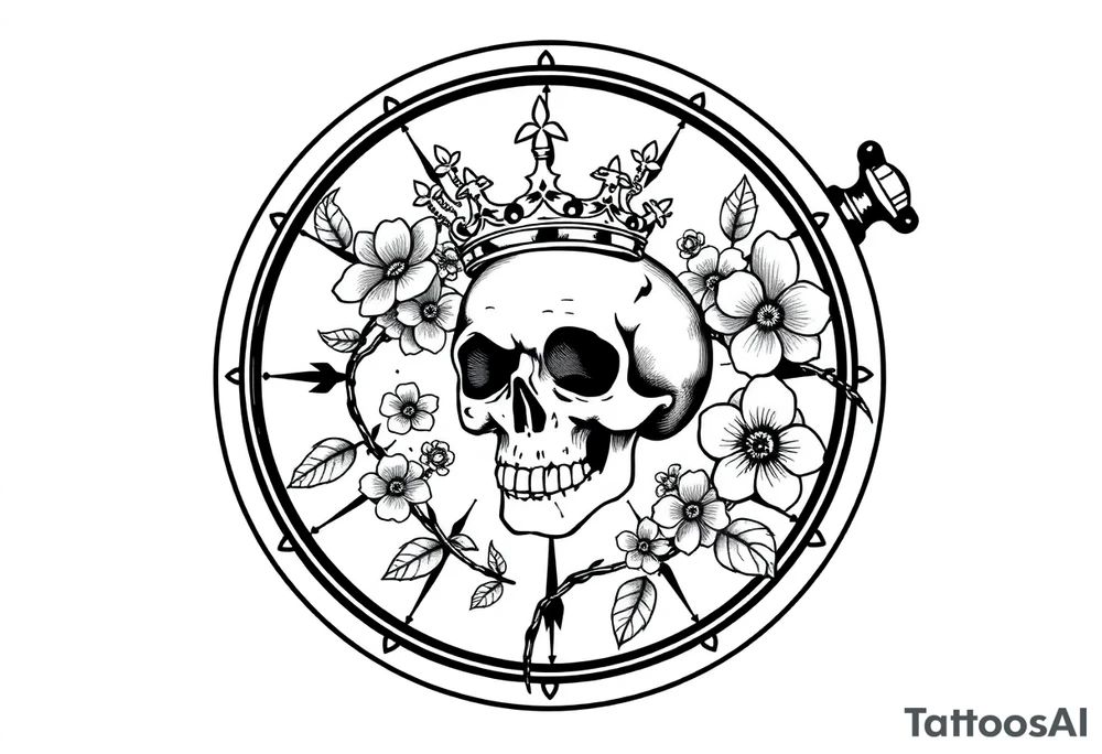 Compass with detailed beautiful gothic boho flowers on vine and skull with gorgeous crown tattoo idea