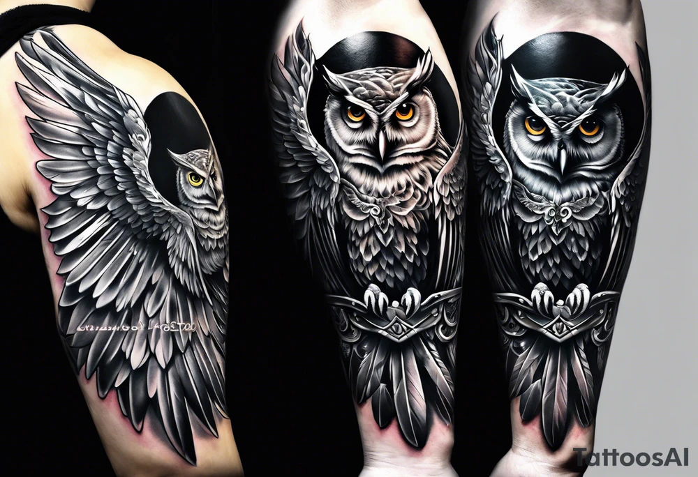Sleeve with an owl with angel wings tattoo idea
