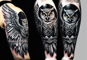 Sleeve with an owl with angel wings tattoo idea