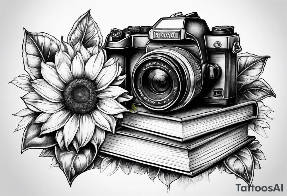 sunflower, camera, flower rose , book tattoo idea