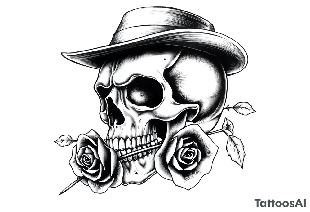 a skull with top-hat and a rose in his mouth. tattoo idea