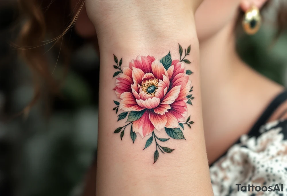 Floral wristband with name Simon and numbers 12.2.2022 v 8:08 hidden within petals in dusty rose and olive green. tattoo idea