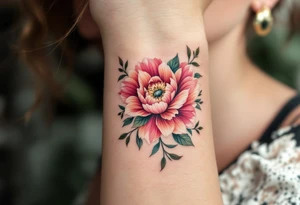 Floral wristband with name Simon and numbers 12.2.2022 v 8:08 hidden within petals in dusty rose and olive green. tattoo idea