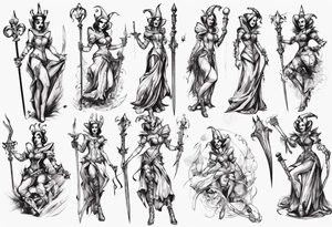 Fantasy female court jester holding sword tattoo idea