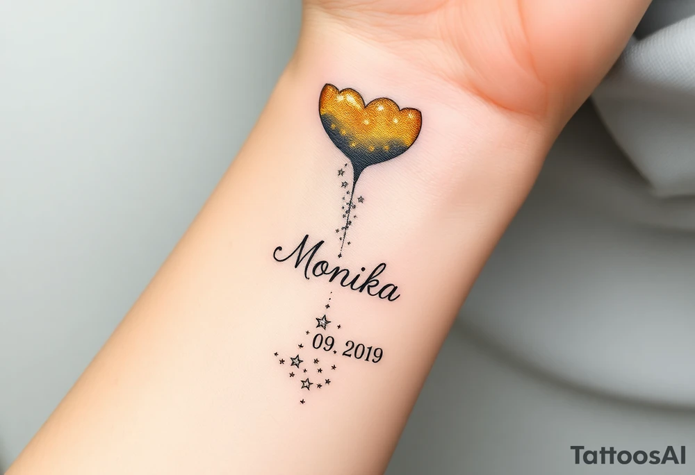 A golden hourglass where sand transforms into tiny stars, flowing down to mark the birth time with name "Monika" and date "09. 09. 2019", in shimmering gold and deep space black tattoo idea