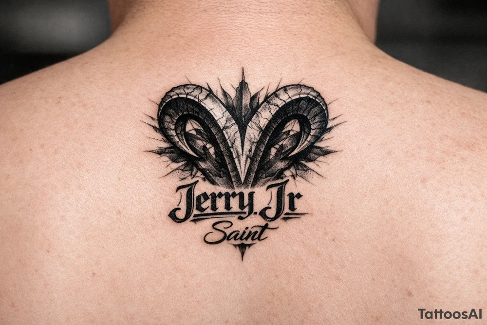 Aries symbol with Jerry Jr name and nickname Saint tattoo idea