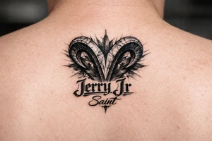 Aries symbol with Jerry Jr name and nickname Saint tattoo idea