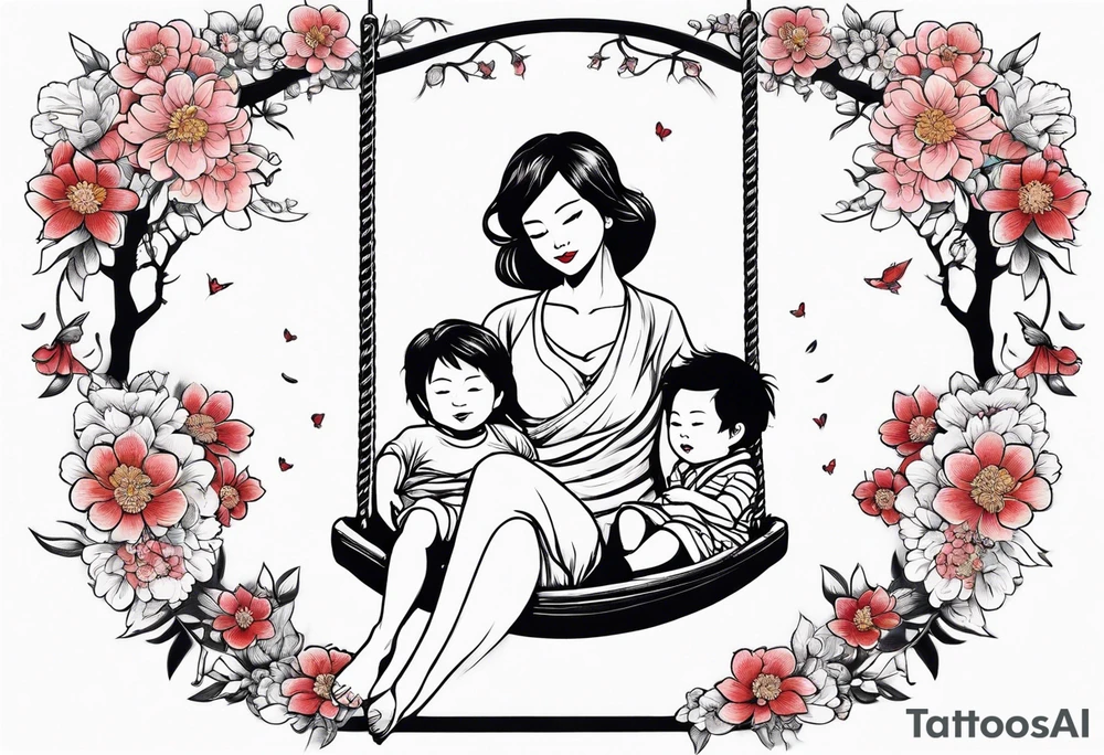 Mom with son & daughter on swing with flowers tattoo idea