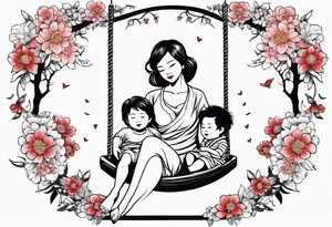 Mom with son & daughter on swing with flowers tattoo idea