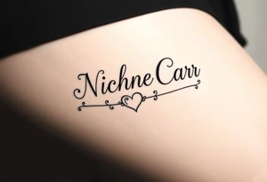 The name Nicholas Carr in Cursive font writing with creative swirls running with the letters spelling With a fancy heart and key in it at the end. tattoo idea