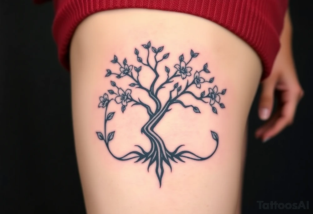 Flowering Hawthorn tree with  lillys planted on each side of the Hawthorn tree tattoo idea