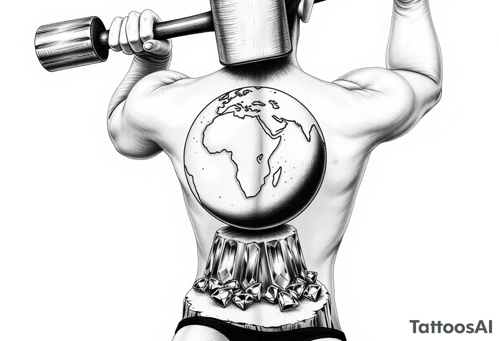 pin up girl wearing a g string thong, the pin up girl is swinging a very large headed mallet overhead onto a small version of the earth globe, the earth globe is on top of a tree stump, the earth globe is in contact with the  mallet and being compressed by the mallet, and at the base of the stump is a pile of diamonds. Her short shorts are not covering her butt all the way. She is facing me with her breast bare and out. tattoo idea