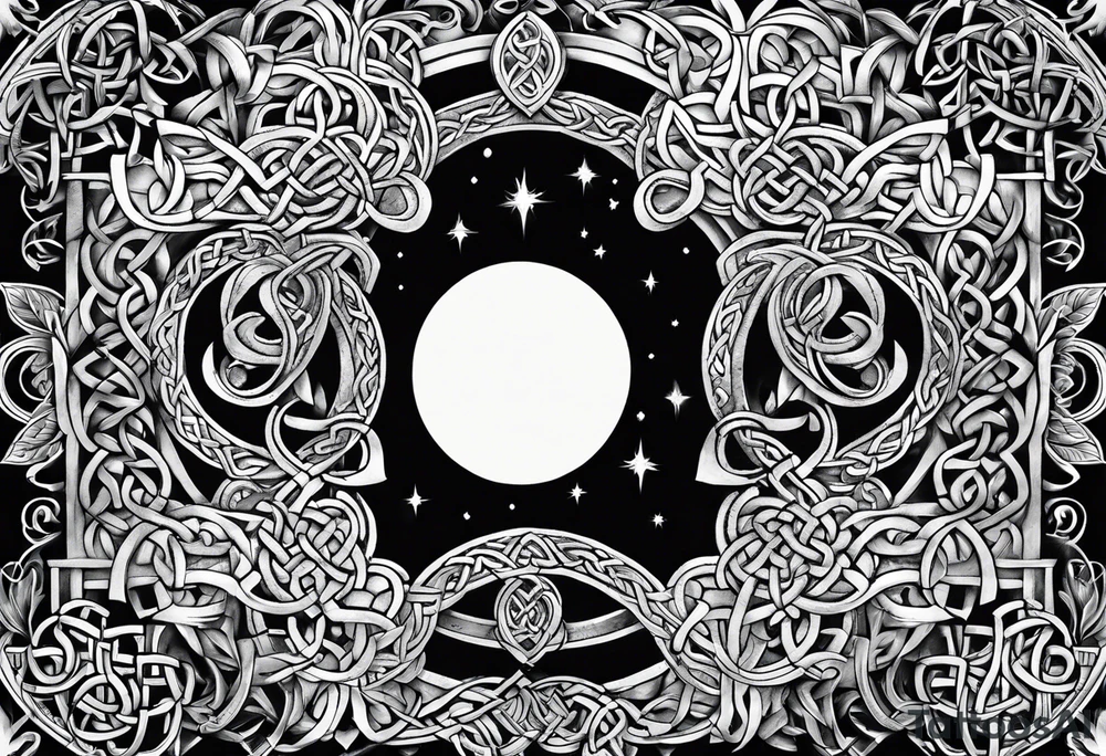 Moon, celtic symbol, hydrangia tattoo idea