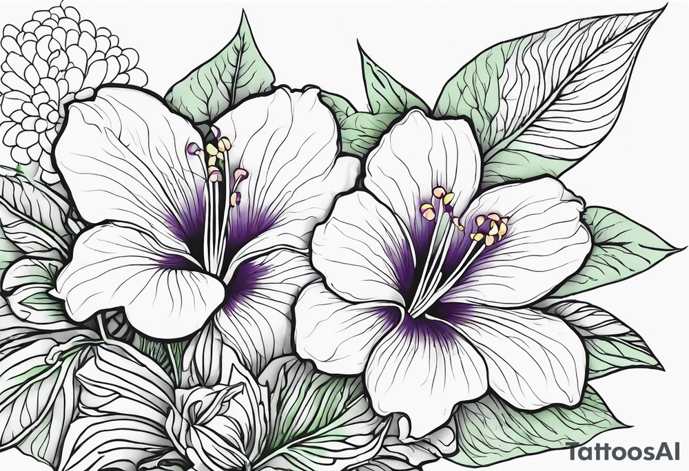 An outline of a rio dipladenia flower with a green and purple background tattoo idea