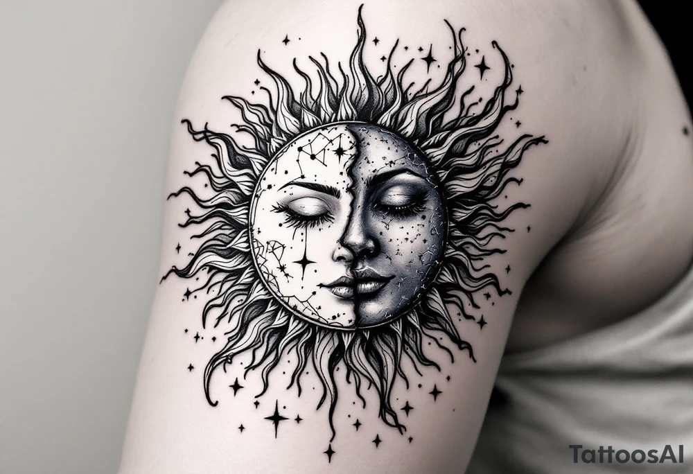 celestial sun and moon embrace with constellation patterns tattoo idea