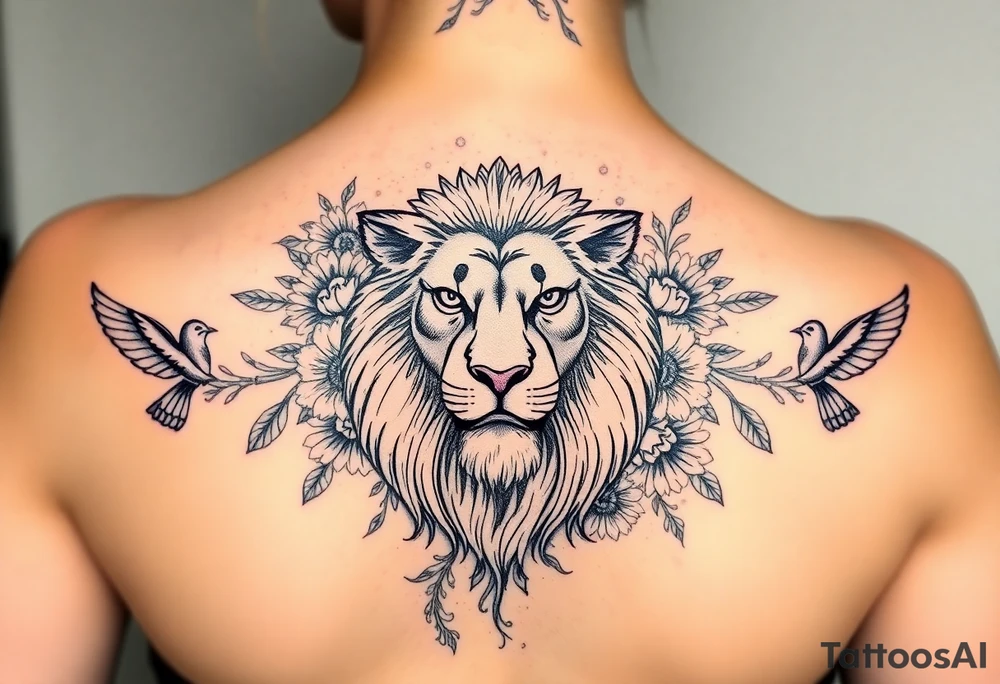 powerful majestic lion with a crown, surrounded by floral ornaments and birds tattoo idea
