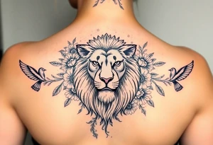powerful majestic lion with a crown, surrounded by floral ornaments and birds tattoo idea