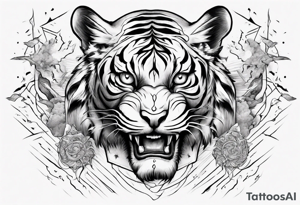 Ancient tiger with lightning and a sun for a forearm sleeve. With patterns surrounding it tattoo idea Ancient tiger with lightning and a sun for a forearm sleeve. With patterns surrounding it tattoo idea