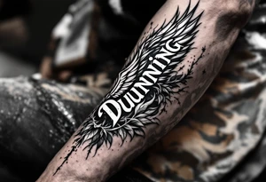 Dunning,on left forearm details include angel wing, greek type of font,jungle leaves , tiger claw scratch tattoo idea