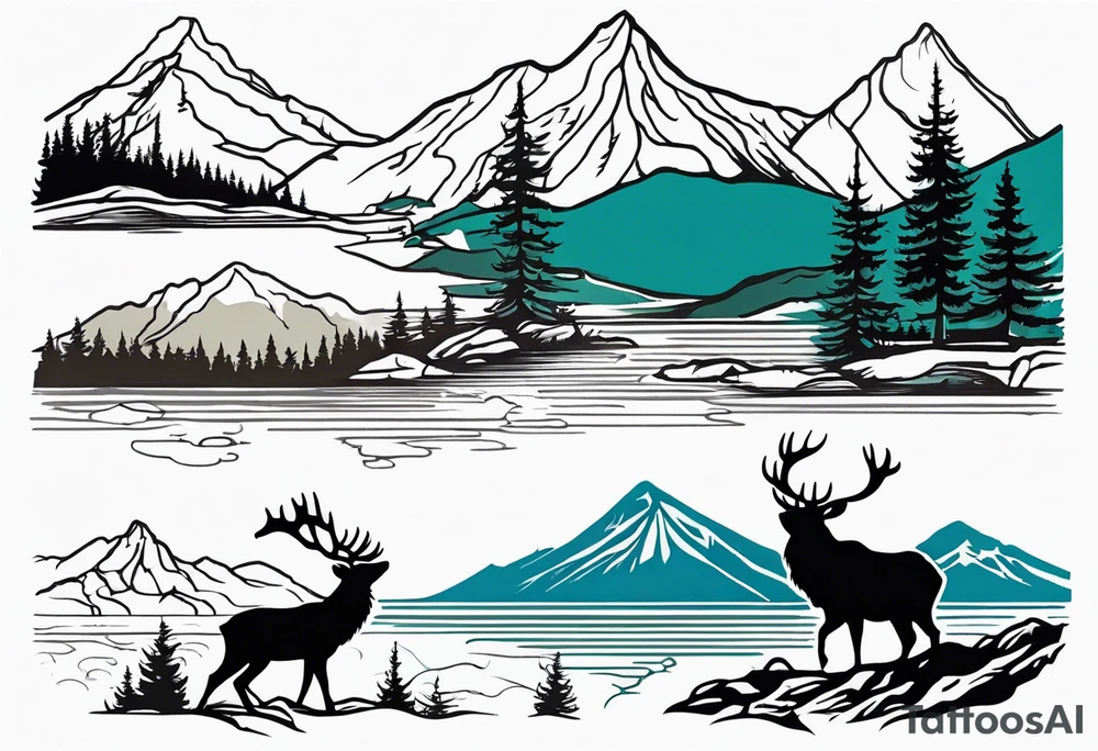 Elk water mountains rifle hunting trees birds deer bear tattoo idea