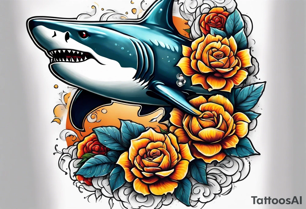 A fierce shark 
swimming upwards on a forearm, surrounded by vibrant roses, marigolds, and scattered shurikens. Include subtle shading and water elements for depth and movement. Flowers (roses, marigolds) should organically frame the shark and potentially wrap around its body. tattoo idea
