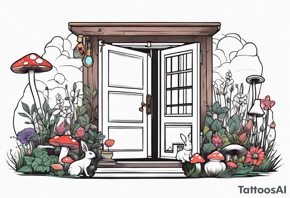 Mystical garden with door and potions and a rabbit and flowers and mushrooms tattoo idea