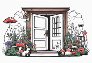 Mystical garden with door and potions and a rabbit and flowers and mushrooms tattoo idea