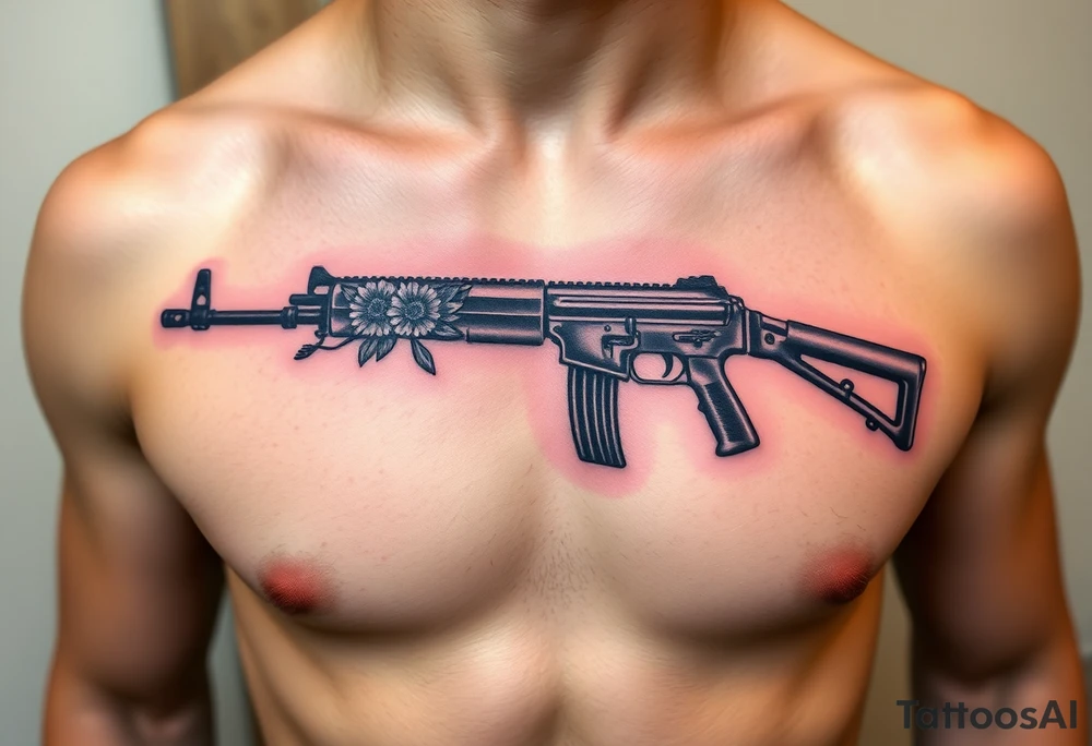 ak 47 black silhouette with floreal details tattoo idea