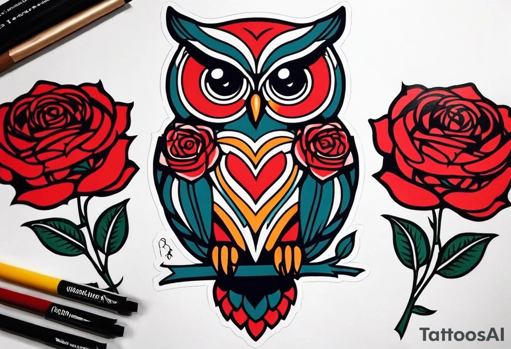Color owl. 
Three red roses 
On the forearm tattoo idea