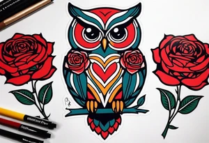 Color owl. 
Three red roses 
On the forearm tattoo idea