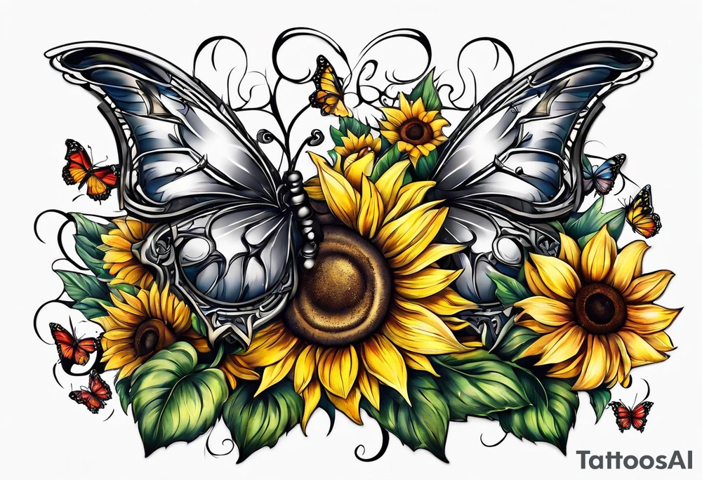 Winged cross with sunflower and butterflies tattoo idea